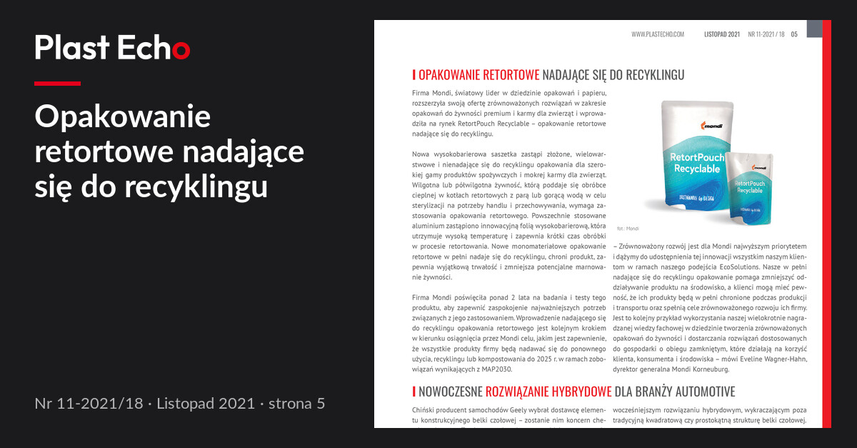 Opakowanie retortowe nadające się do recyklingu | Plast Echo 11-2021/18, Listopad 2021, s. 5