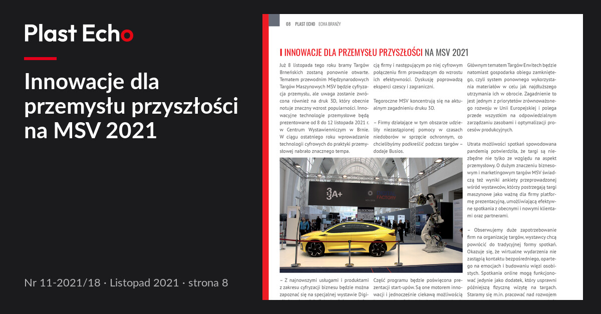 Innowacje dla przemysłu przyszłości na MSV 2021 | Plast Echo 11-2021/18, Listopad 2021, s. 8