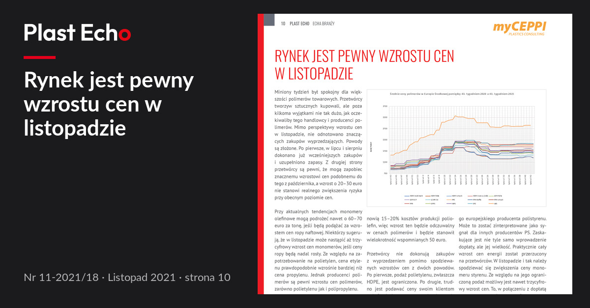 Rynek jest pewny wzrostu cen w listopadzie | Plast Echo 11-2021/18, Listopad 2021, s. 10