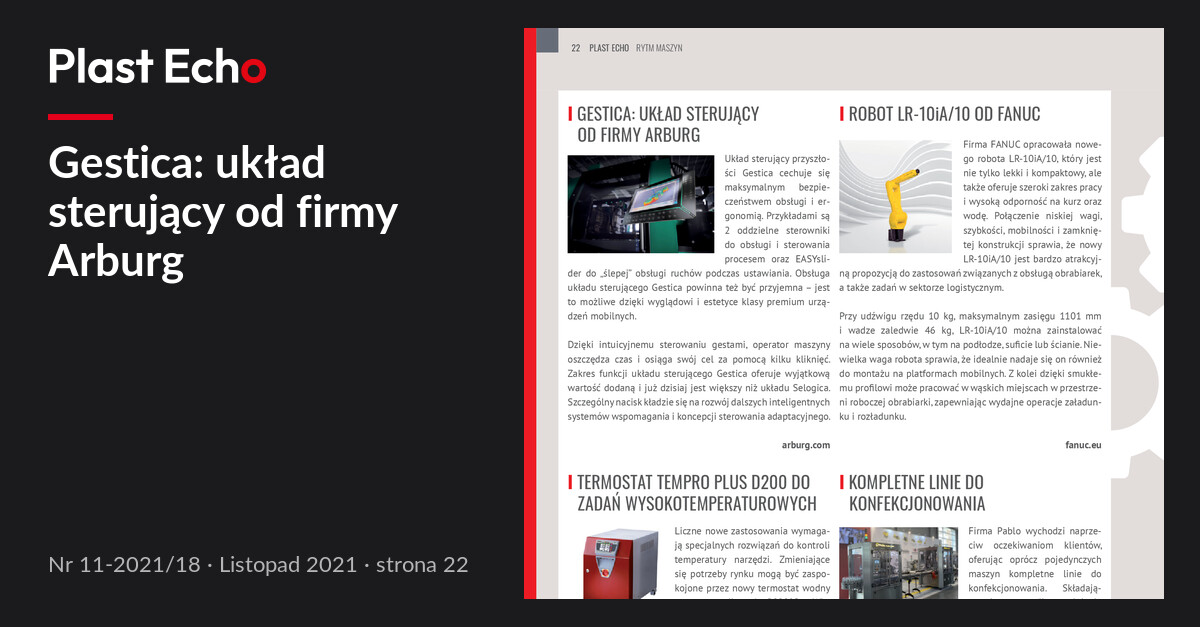 Gestica: układ sterujący od firmy Arburg | Plast Echo 11-2021/18, Listopad 2021, s. 22