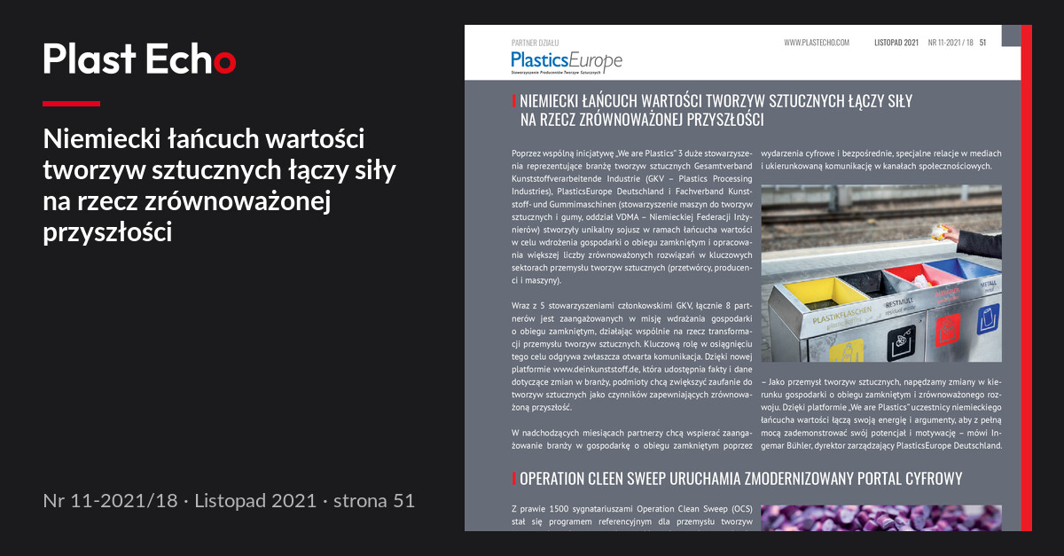 Niemiecki łańcuch wartości tworzyw sztucznych łączy siły na rzecz zrównoważonej przyszłości | Plast Echo 11-2021/18, Listopad 2021, s. 51