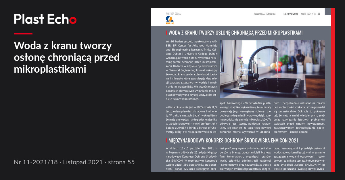 Woda z kranu tworzy osłonę chroniącą przed mikroplastikami | Plast Echo 11-2021/18, Listopad 2021, s. 55