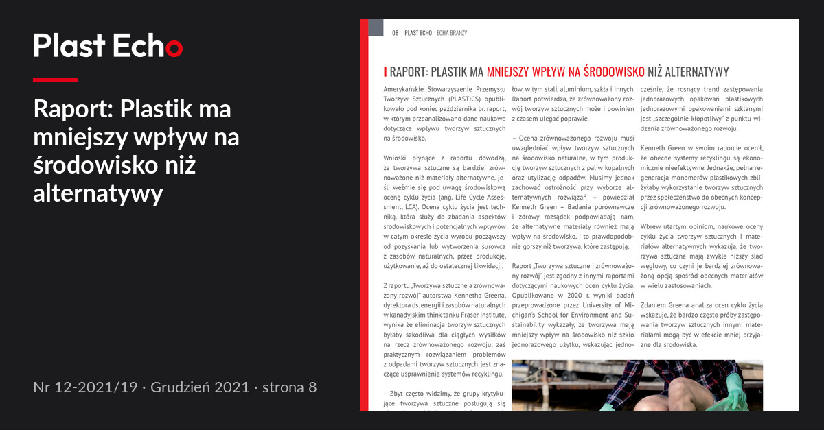 Raport: Plastik ma mniejszy wpływ na środowisko niż alternatywy | Plast Echo 12-2021/19, Grudzień 2021, s. 8