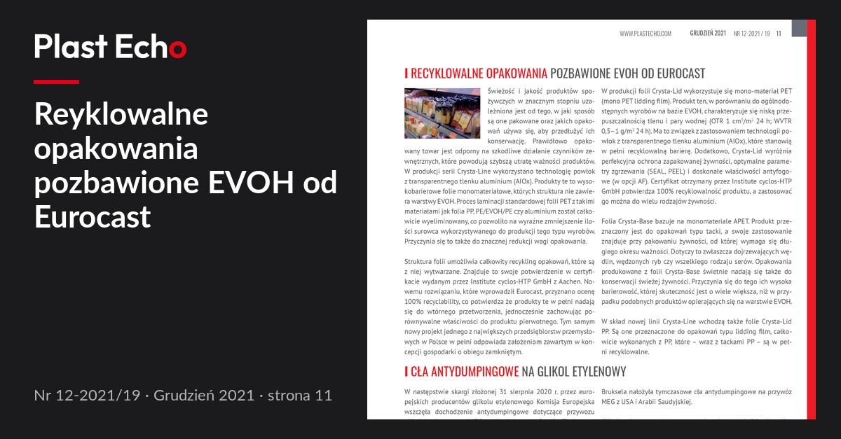 Reyklowalne opakowania pozbawione EVOH od Eurocast | Plast Echo 12-2021/19, Grudzień 2021, s. 11