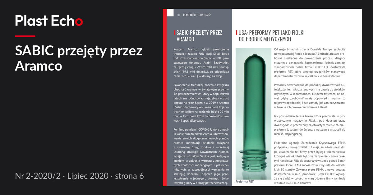 SABIC przejęty przez Aramco | Plast Echo 2-2020/2, Lipiec 2020, s. 6