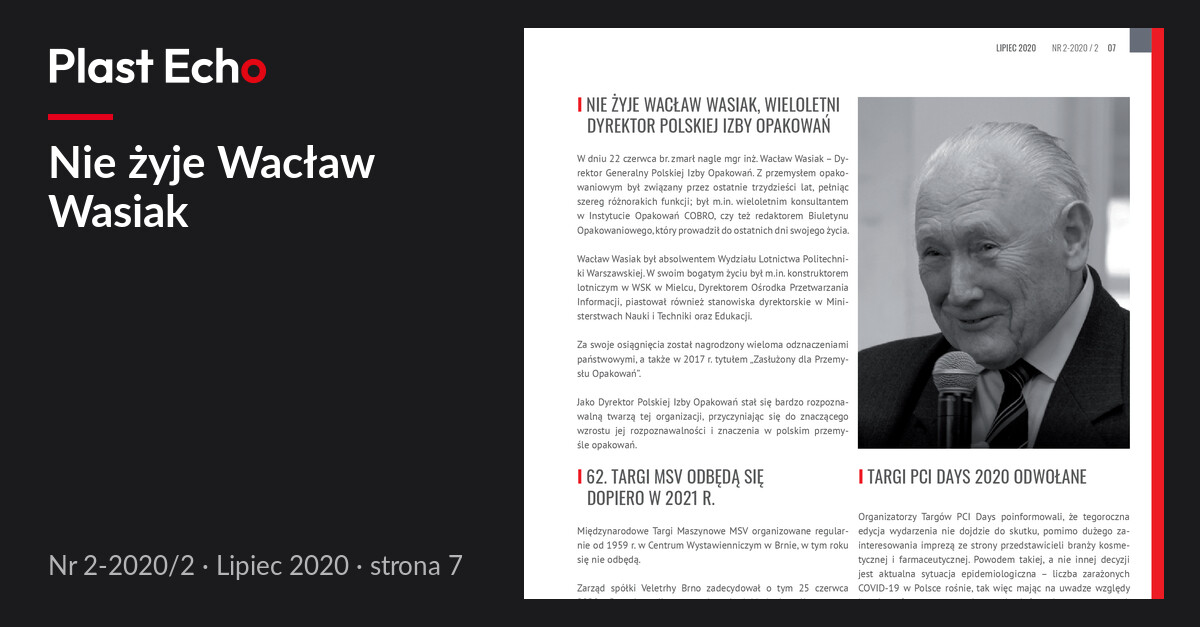 Nie żyje Wacław Wasiak | Plast Echo 2-2020/2, Lipiec 2020, s. 7