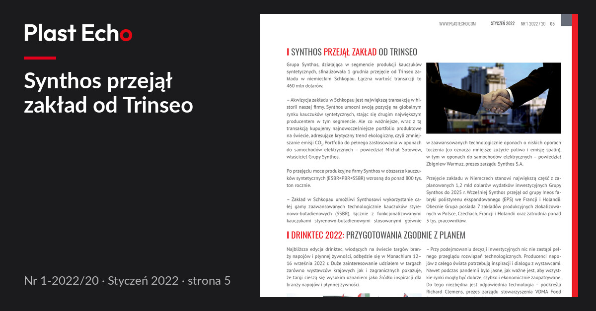 Synthos przejął zakład od Trinseo | Plast Echo 1-2022/20, Styczeń 2022, s. 5