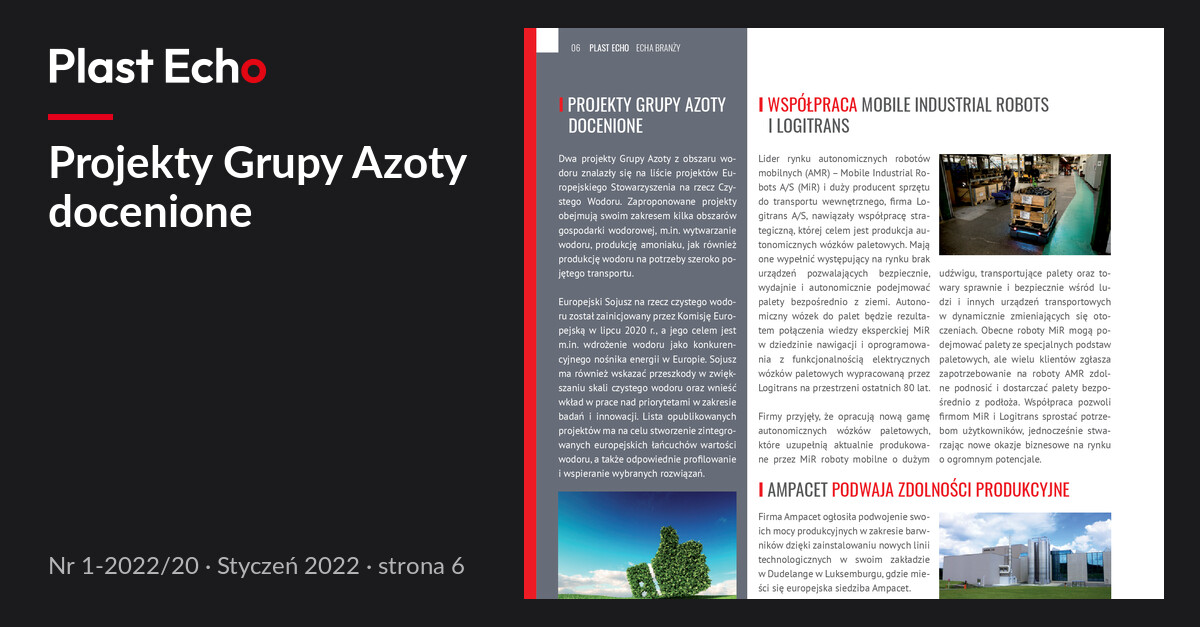 Projekty Grupy Azoty docenione | Plast Echo 1-2022/20, Styczeń 2022, s. 6