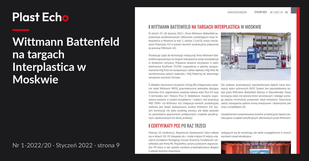 Wittmann Battenfeld na targach Interplastica w Moskwie | Plast Echo 1-2022/20, Styczeń 2022, s. 9