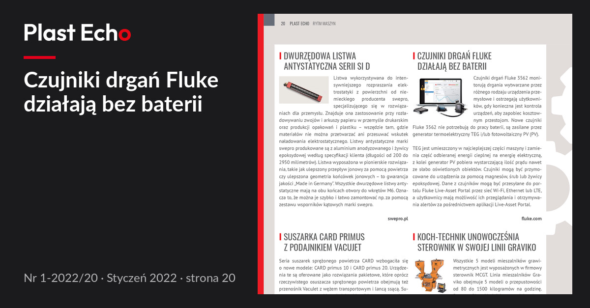 Czujniki drgań Fluke działają bez baterii | Plast Echo 1-2022/20, Styczeń 2022, s. 20