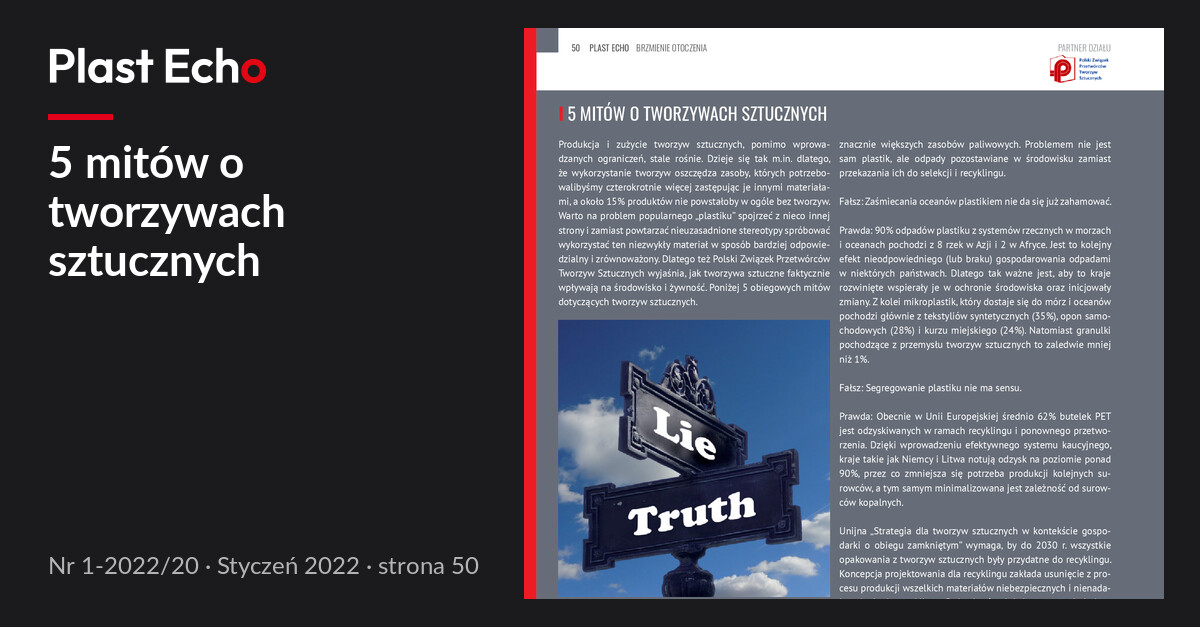 5 mitów o tworzywach sztucznych | Plast Echo 1-2022/20, Styczeń 2022, s. 50