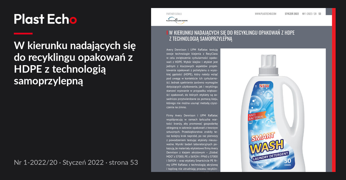 W kierunku nadających się do recyklingu opakowań z HDPE z technologią samoprzylepną | Plast Echo 1-2022/20, Styczeń 2022, s. 53