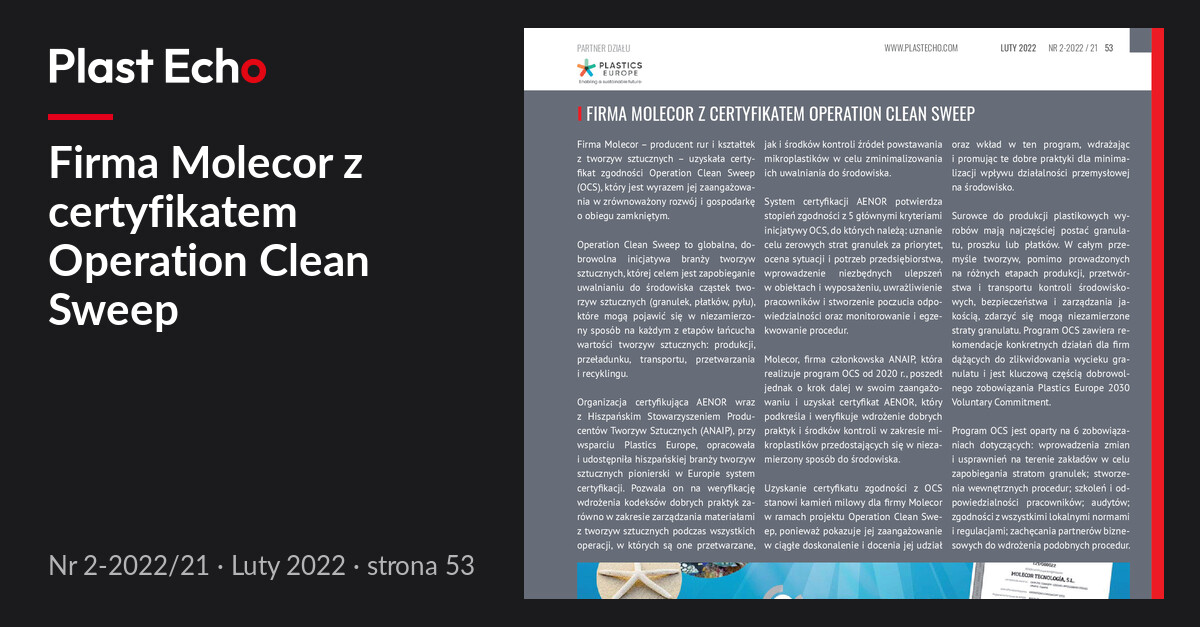 Firma Molecor z certyfikatem Operation Clean Sweep | Plast Echo 2-2022/21, Luty 2022, s. 53