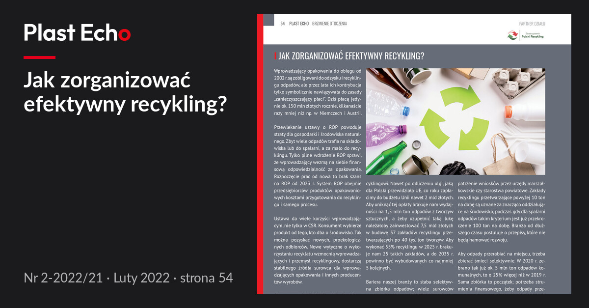 Jak zorganizować efektywny recykling? | Plast Echo 2-2022/21, Luty 2022, s. 54