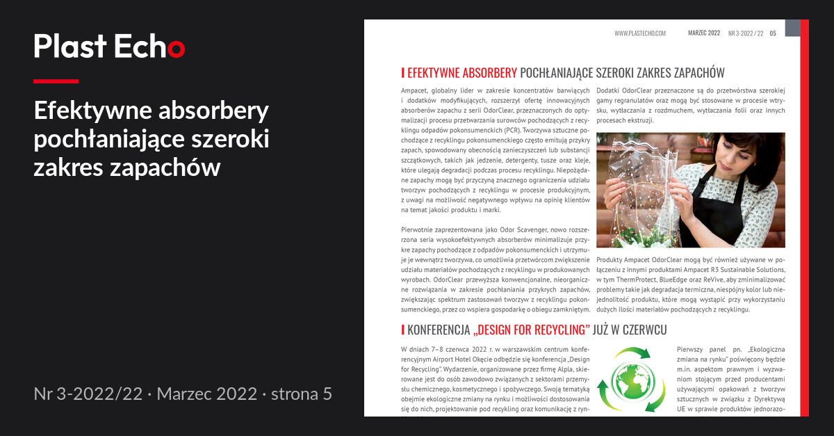 Efektywne absorbery pochłaniające szeroki zakres zapachów | Plast Echo 3-2022/22, Marzec 2022, s. 5