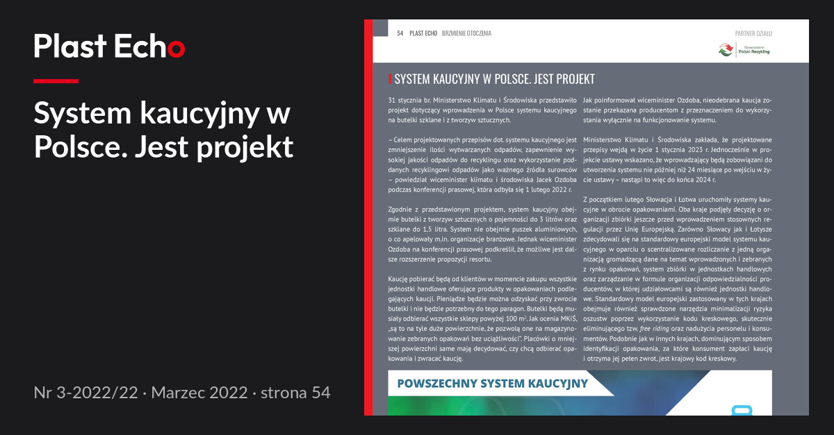 System kaucyjny w Polsce. Jest projekt | Plast Echo 3-2022/22, Marzec 2022, s. 54