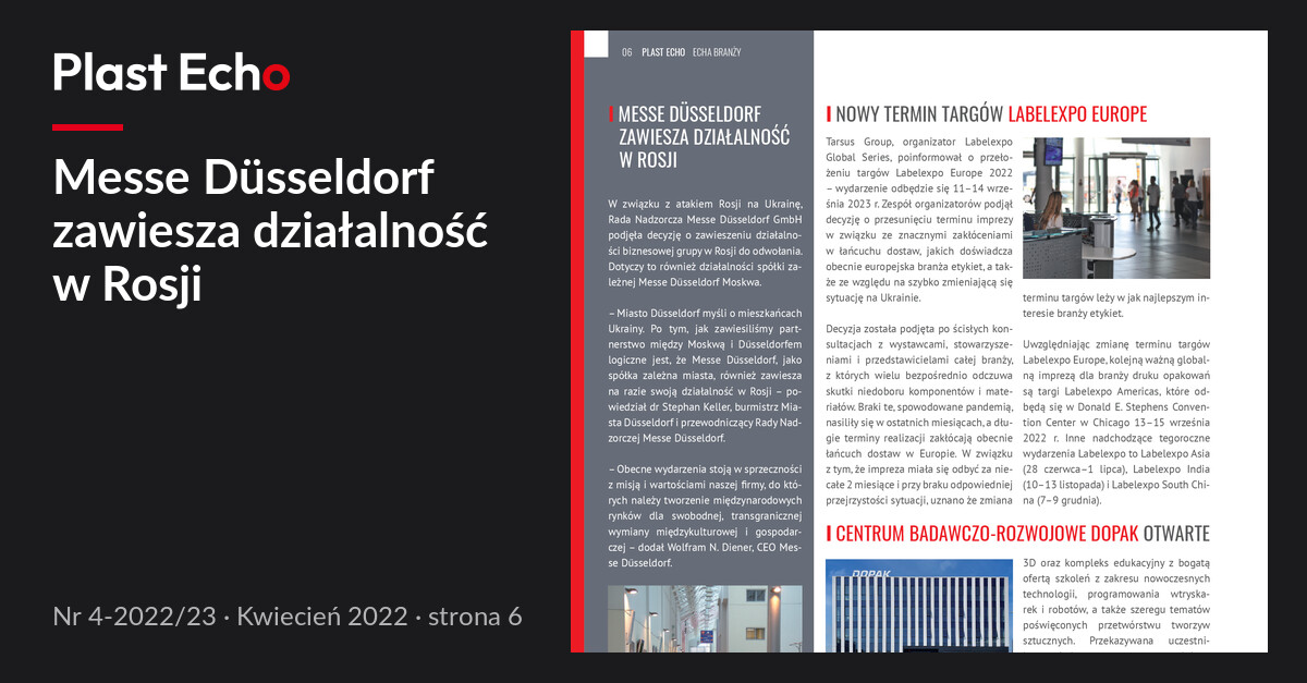 Messe Düsseldorf zawiesza działalność w Rosji | Plast Echo 4-2022/23, Kwiecień 2022, s. 6