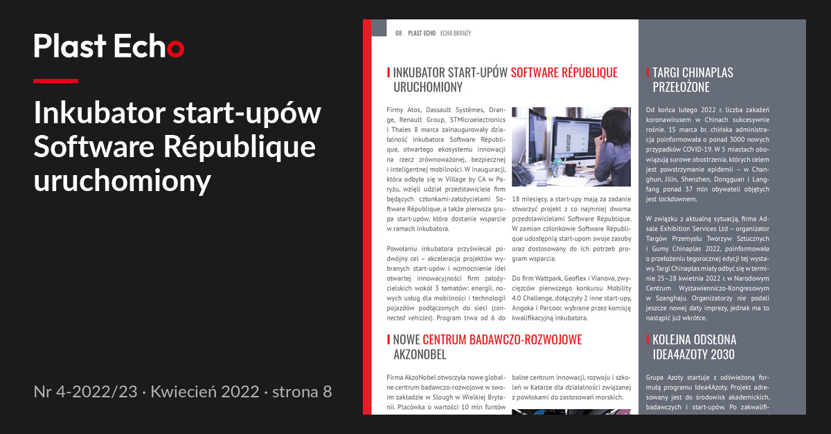 Inkubator start-upów Software République uruchomiony | Plast Echo 4-2022/23, Kwiecień 2022, s. 8