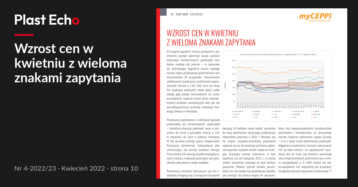 Wzrost cen w kwietniu z wieloma znakami zapytania | Plast Echo 4-2022/23, Kwiecień 2022, s. 10