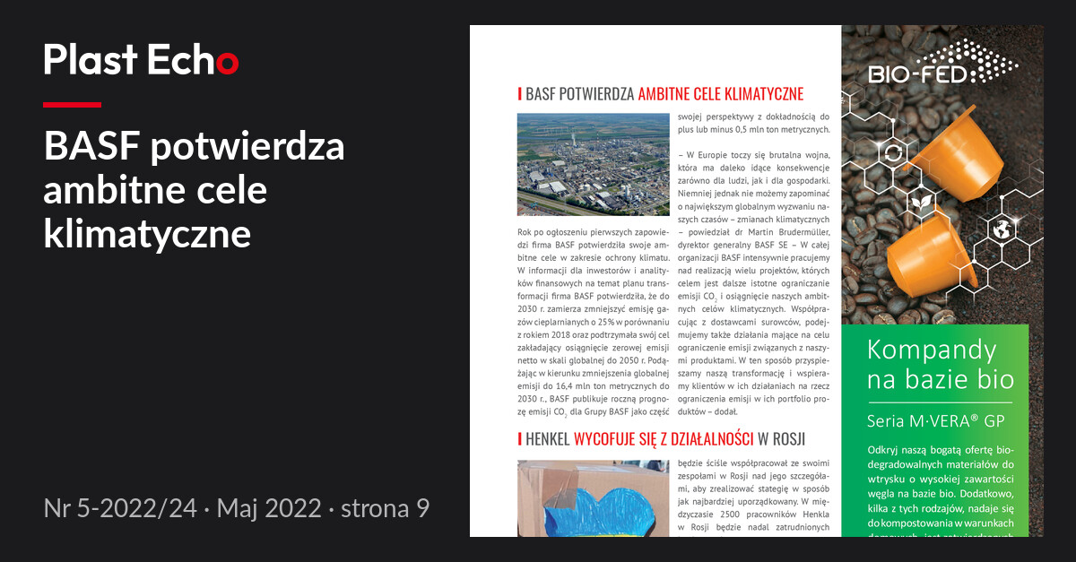 BASF potwierdza ambitne cele klimatyczne | Plast Echo 5-2022/24, Maj 2022, s. 9