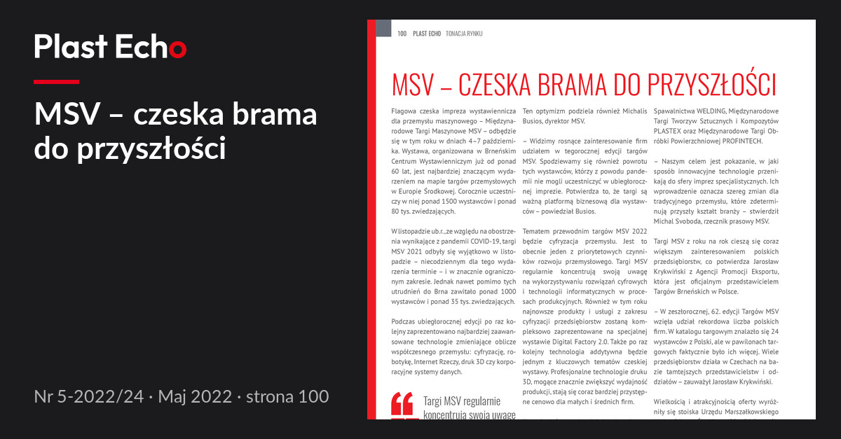 MSV – czeska brama do przyszłości | Plast Echo 5-2022/24, Maj 2022, s. 100