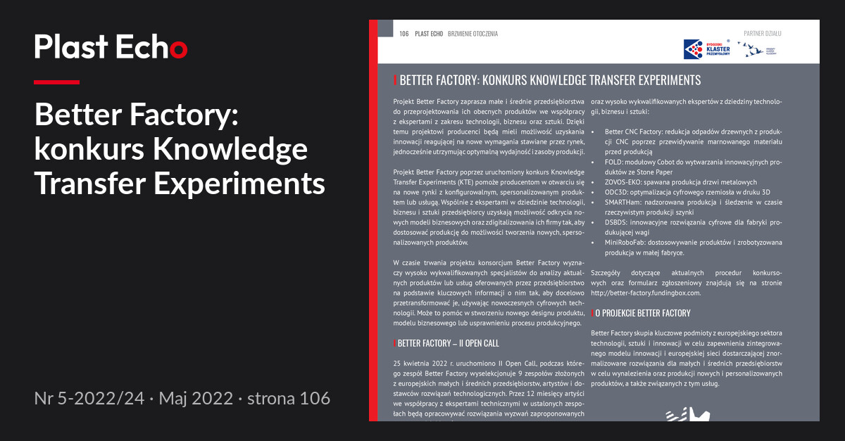 Better Factory: konkurs Knowledge Transfer Experiments | Plast Echo 5-2022/24, Maj 2022, s. 106