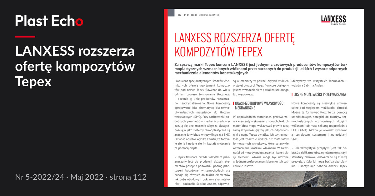 LANXESS rozszerza ofertę kompozytów Tepex | Plast Echo 5-2022/24, Maj 2022, s. 112