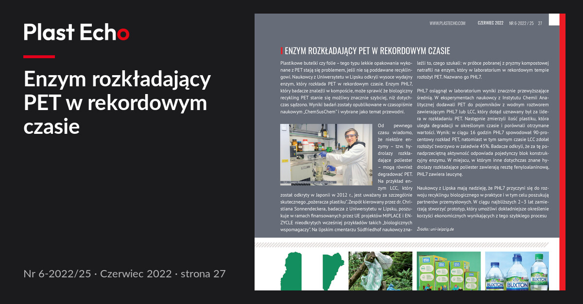 Enzym rozkładający PET w rekordowym czasie | Plast Echo 6-2022/25, Czerwiec 2022, s. 27