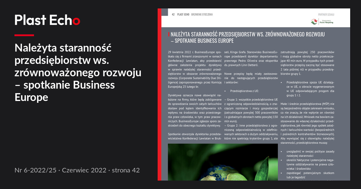 Należyta staranność przedsiębiorstw ws. zrównoważonego rozwoju – spotkanie Business Europe | Plast Echo 6-2022/25, Czerwiec 2022, s. 42
