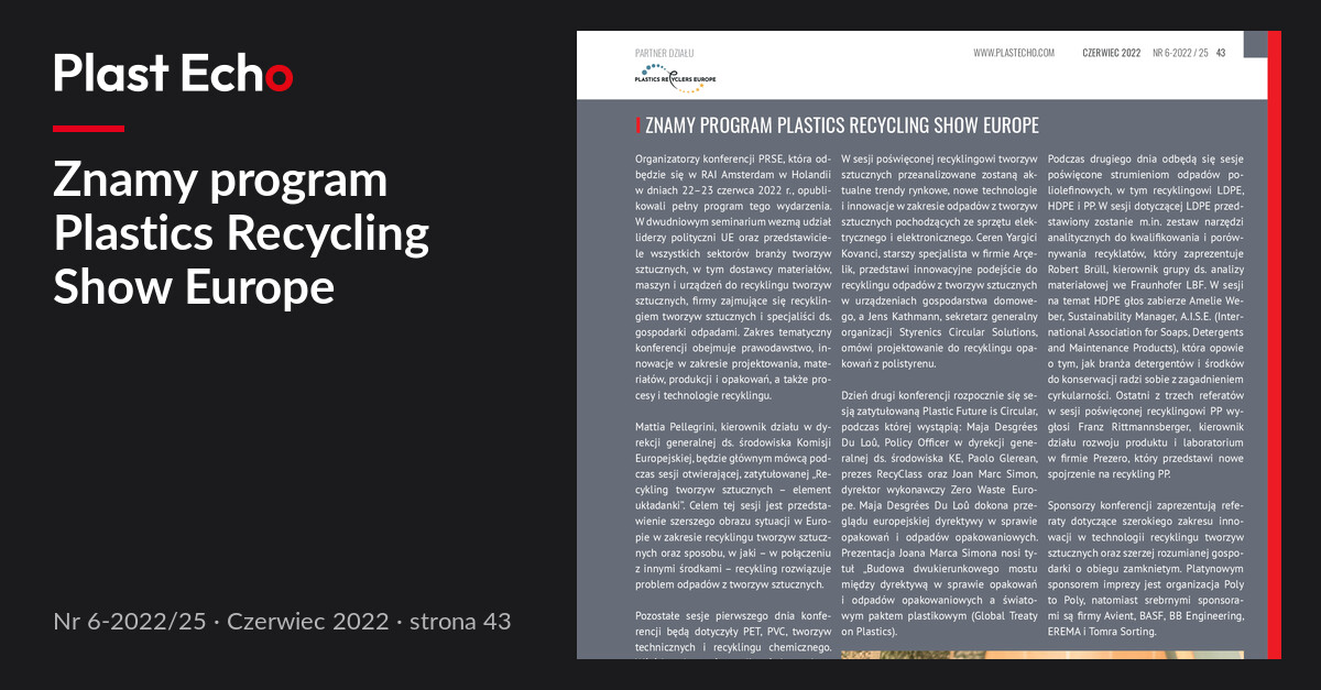 Znamy program Plastics Recycling Show Europe | Plast Echo 6-2022/25, Czerwiec 2022, s. 43