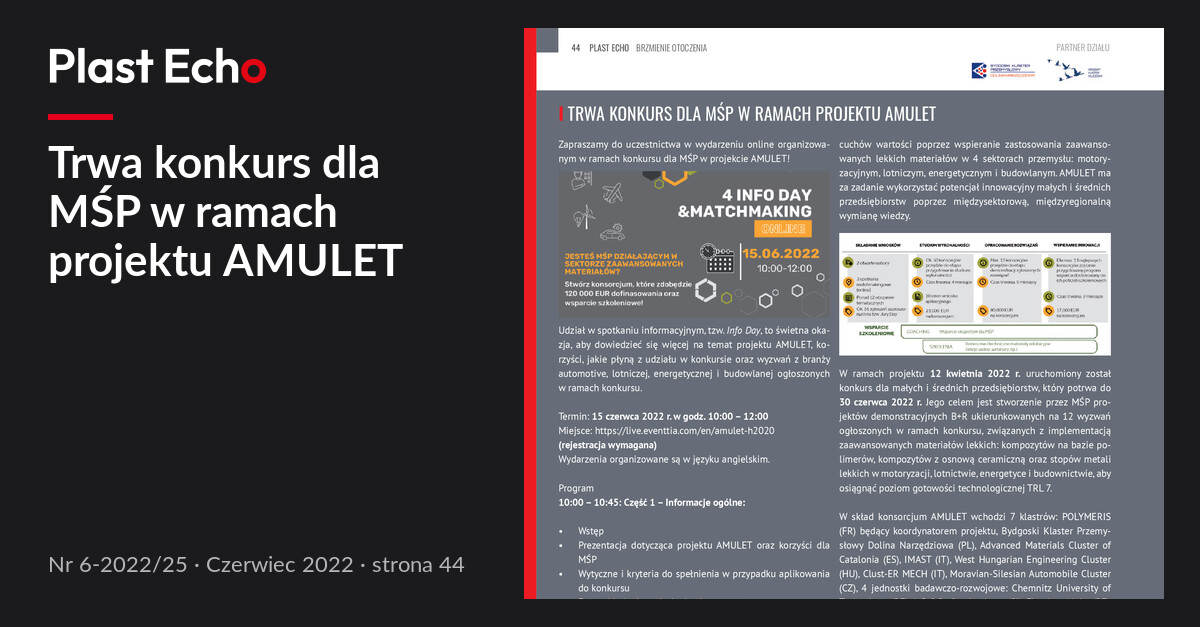 Trwa konkurs dla MŚP w ramach projektu AMULET | Plast Echo 6-2022/25, Czerwiec 2022, s. 44