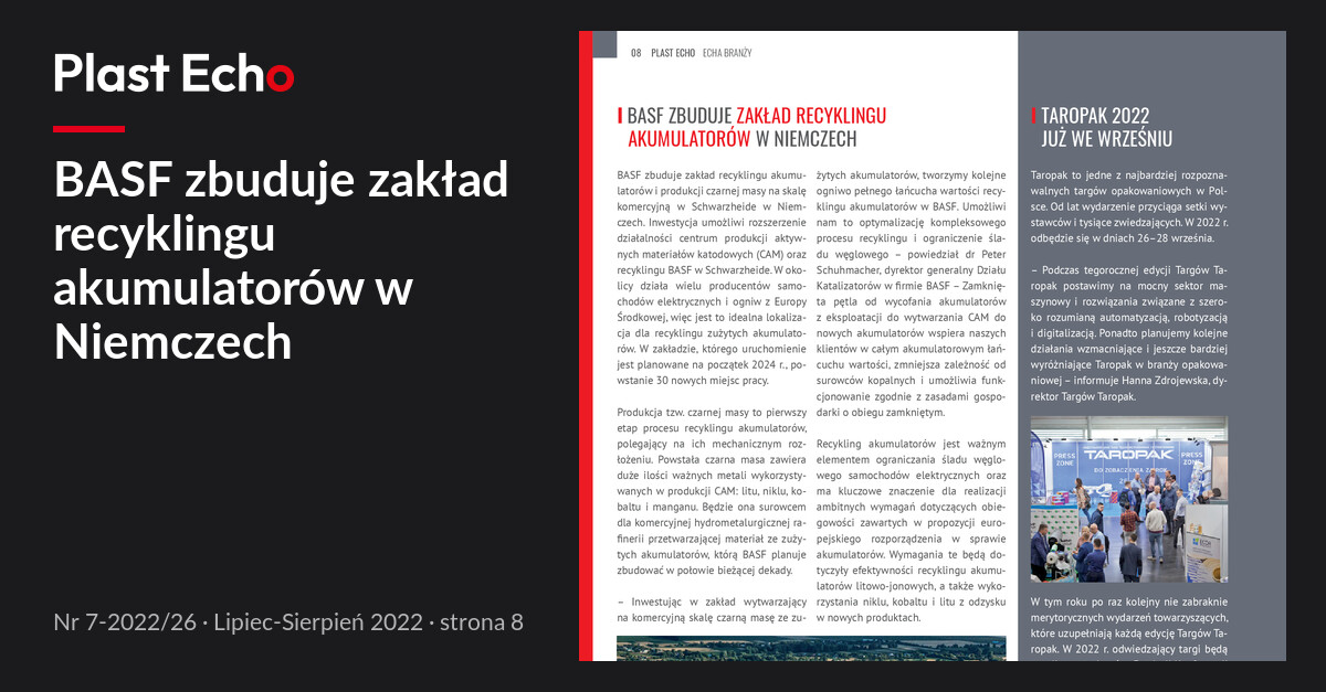 BASF zbuduje zakład recyklingu akumulatorów w Niemczech | Plast Echo 7-2022/26, Lipiec-Sierpień 2022, s. 8