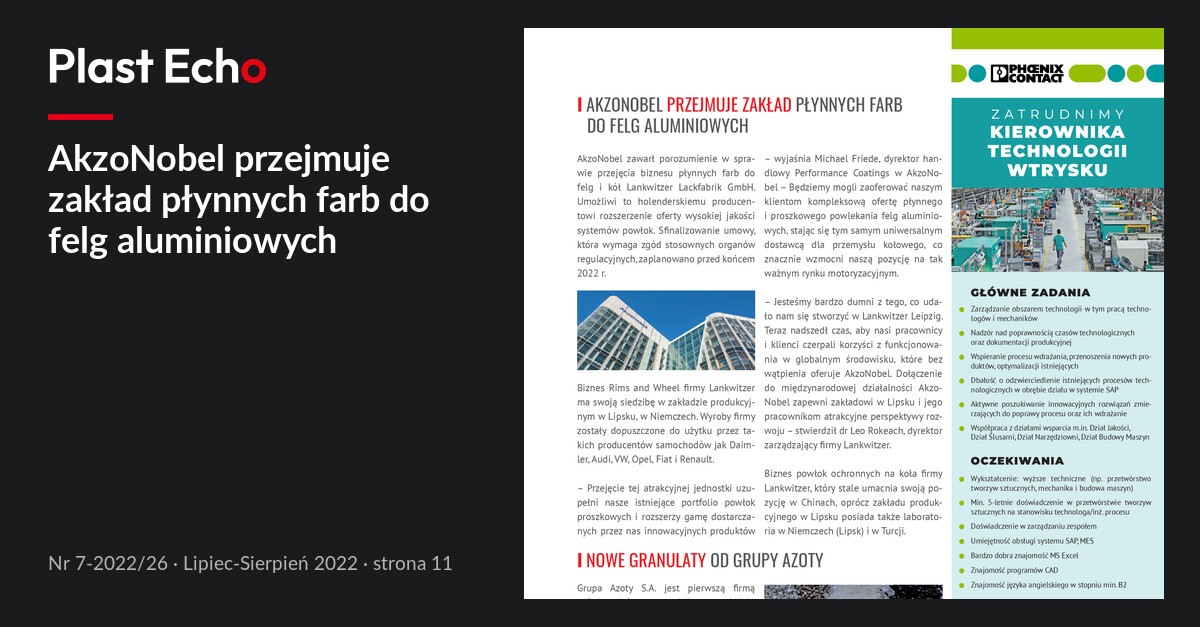 AkzoNobel przejmuje zakład płynnych farb do felg aluminiowych | Plast Echo 7-2022/26, Lipiec-Sierpień 2022, s. 11