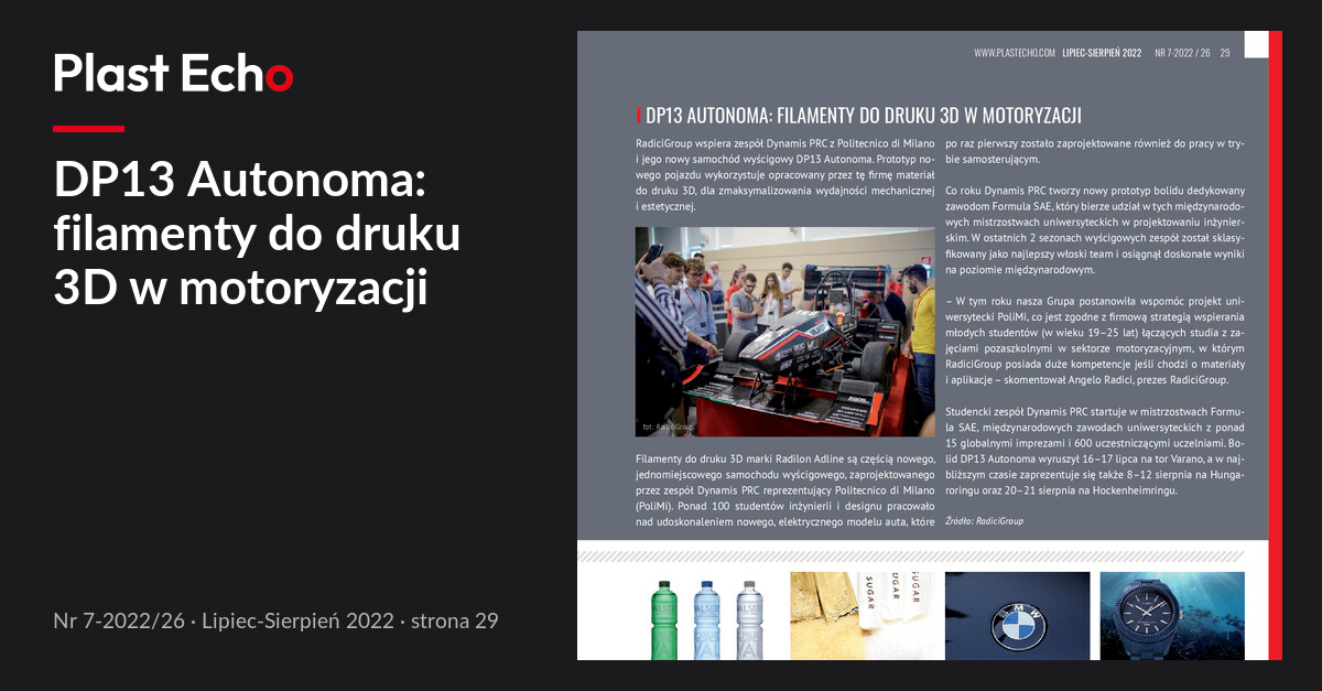 DP13 Autonoma: filamenty do druku 3D w motoryzacji | Plast Echo 7-2022/26, Lipiec-Sierpień 2022, s. 29