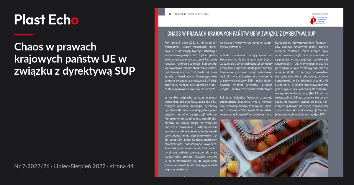 Chaos w prawach krajowych państw UE w związku z dyrektywą SUP | Plast Echo 7-2022/26, Lipiec-Sierpień 2022, s. 44