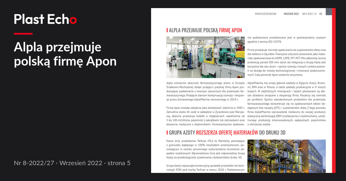 Alpla przejmuje polską firmę Apon | Plast Echo 8-2022/27, Wrzesień 2022, s. 5