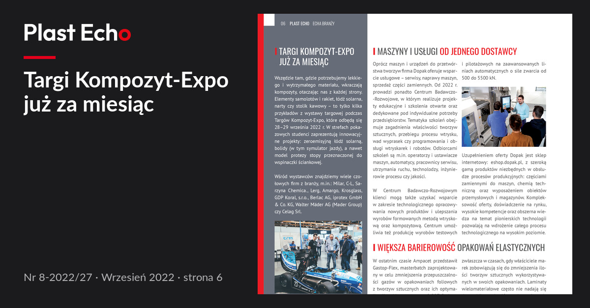 Targi Kompozyt-Expo już za miesiąc | Plast Echo 8-2022/27, Wrzesień 2022, s. 6