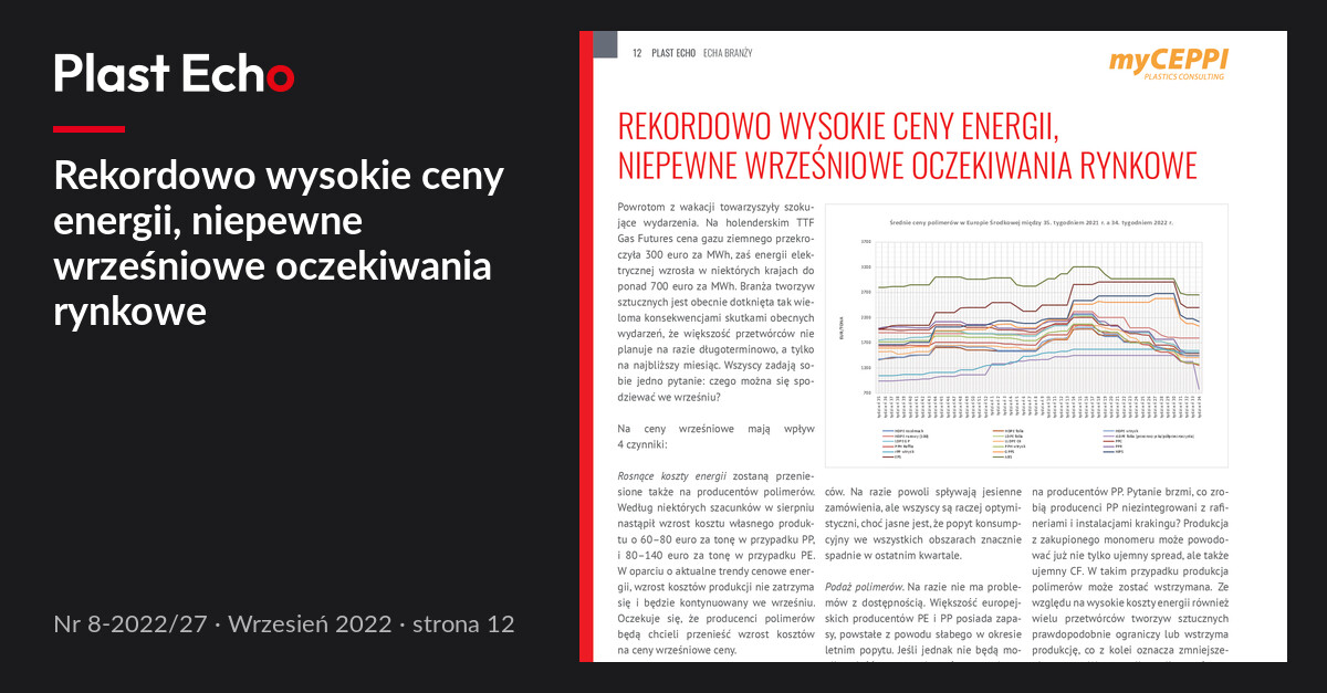 Rekordowo wysokie ceny energii, niepewne wrześniowe oczekiwania rynkowe | Plast Echo 8-2022/27, Wrzesień 2022, s. 12