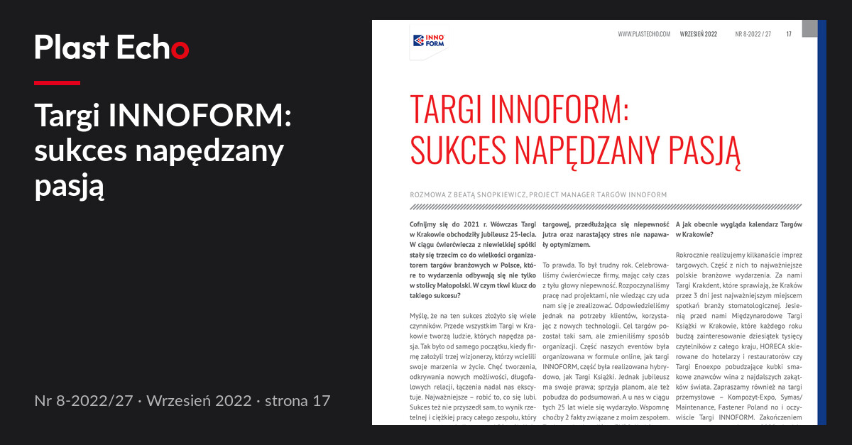 Targi INNOFORM: sukces napędzany pasją | Plast Echo 8-2022/27, Wrzesień 2022, s. 17
