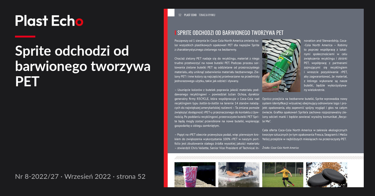 Sprite odchodzi od barwionego tworzywa PET | Plast Echo 8-2022/27, Wrzesień 2022, s. 52