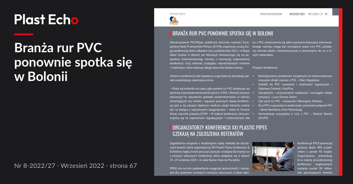 Branża rur PVC ponownie spotka się w Bolonii | Plast Echo 8-2022/27, Wrzesień 2022, s. 67