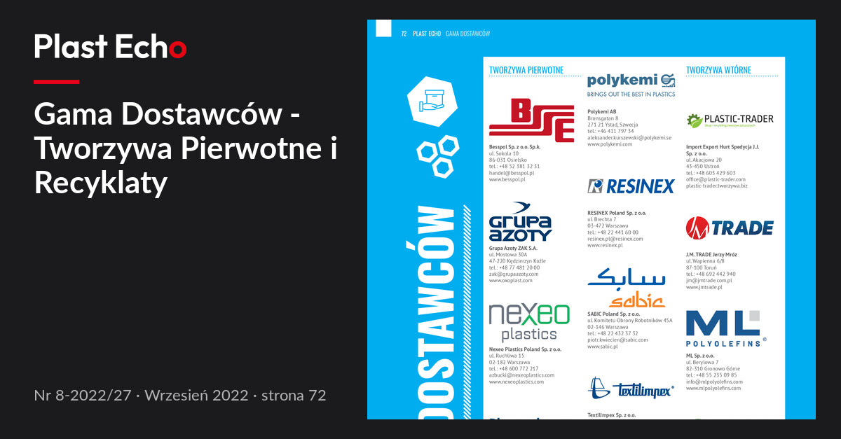 Gama Dostawców - Tworzywa Pierwotne i Recyklaty | Plast Echo 8-2022/27, Wrzesień 2022, s. 72