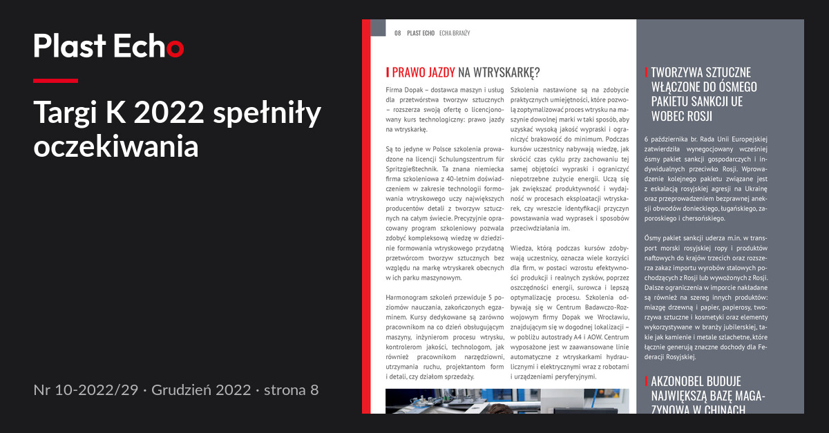 Targi K 2022 spełniły oczekiwania | Plast Echo 10-2022/29, Grudzień 2022, s. 8