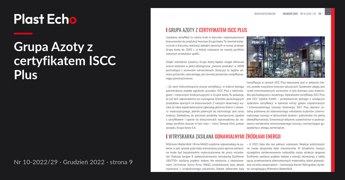 Grupa Azoty z certyfikatem ISCC Plus | Plast Echo 10-2022/29, Grudzień 2022, s. 9