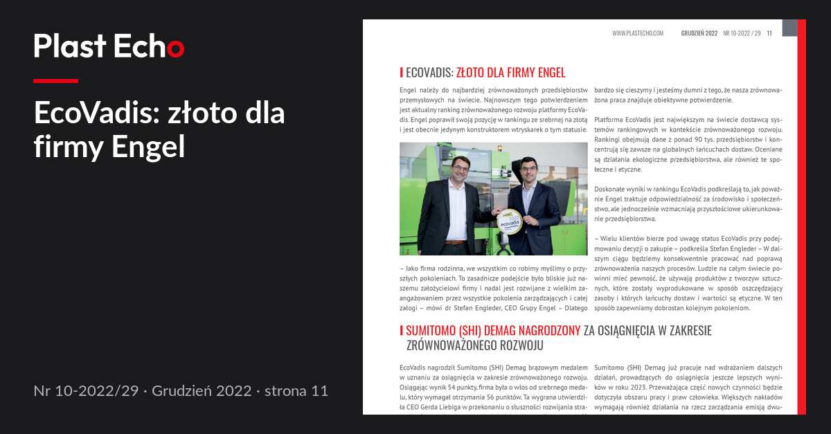 EcoVadis: złoto dla firmy Engel | Plast Echo 10-2022/29, Grudzień 2022, s. 11