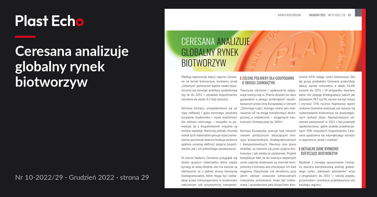 Ceresana analizuje globalny rynek biotworzyw | Plast Echo 10-2022/29, Grudzień 2022, s. 29