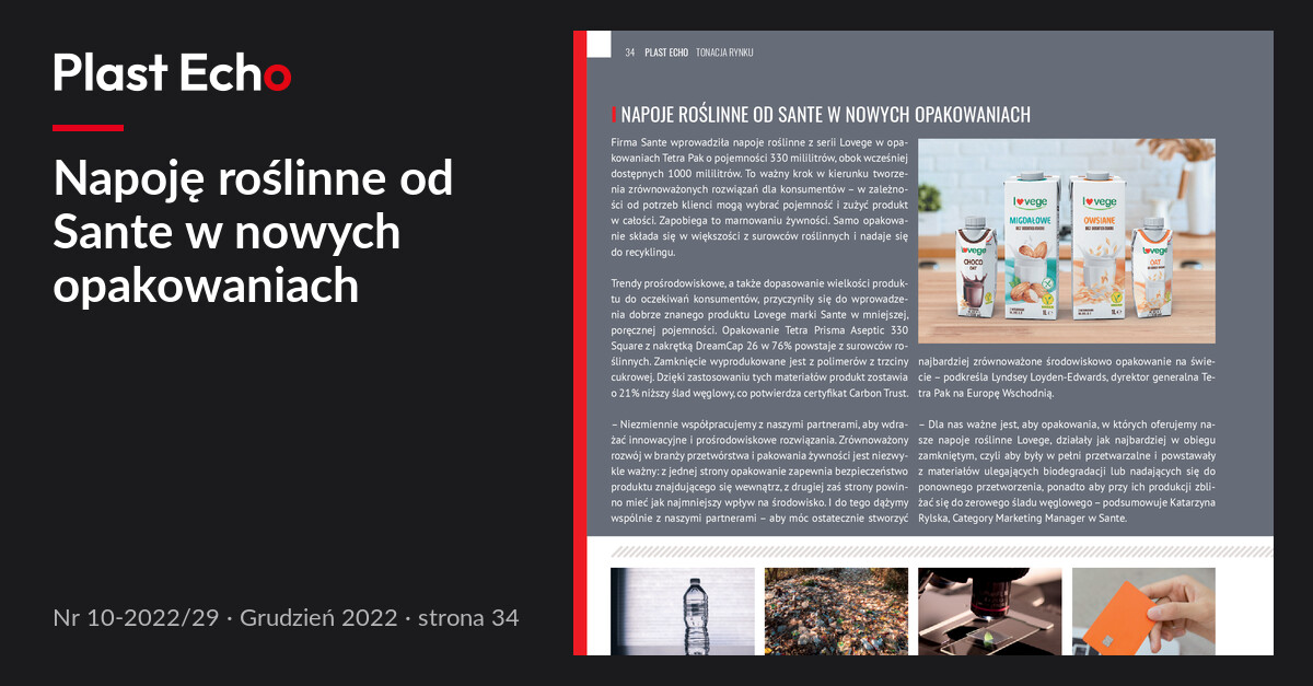 Napoję roślinne od Sante w nowych opakowaniach | Plast Echo 10-2022/29, Grudzień 2022, s. 34