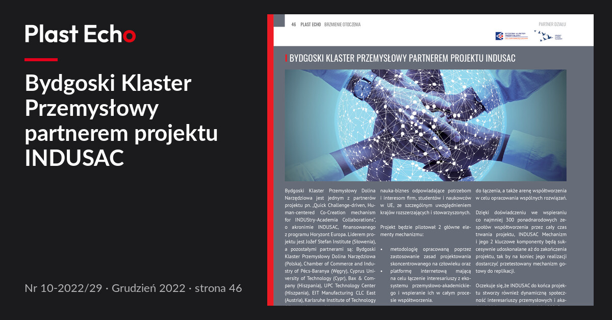 Bydgoski Klaster Przemysłowy partnerem projektu INDUSAC | Plast Echo 10-2022/29, Grudzień 2022, s. 46