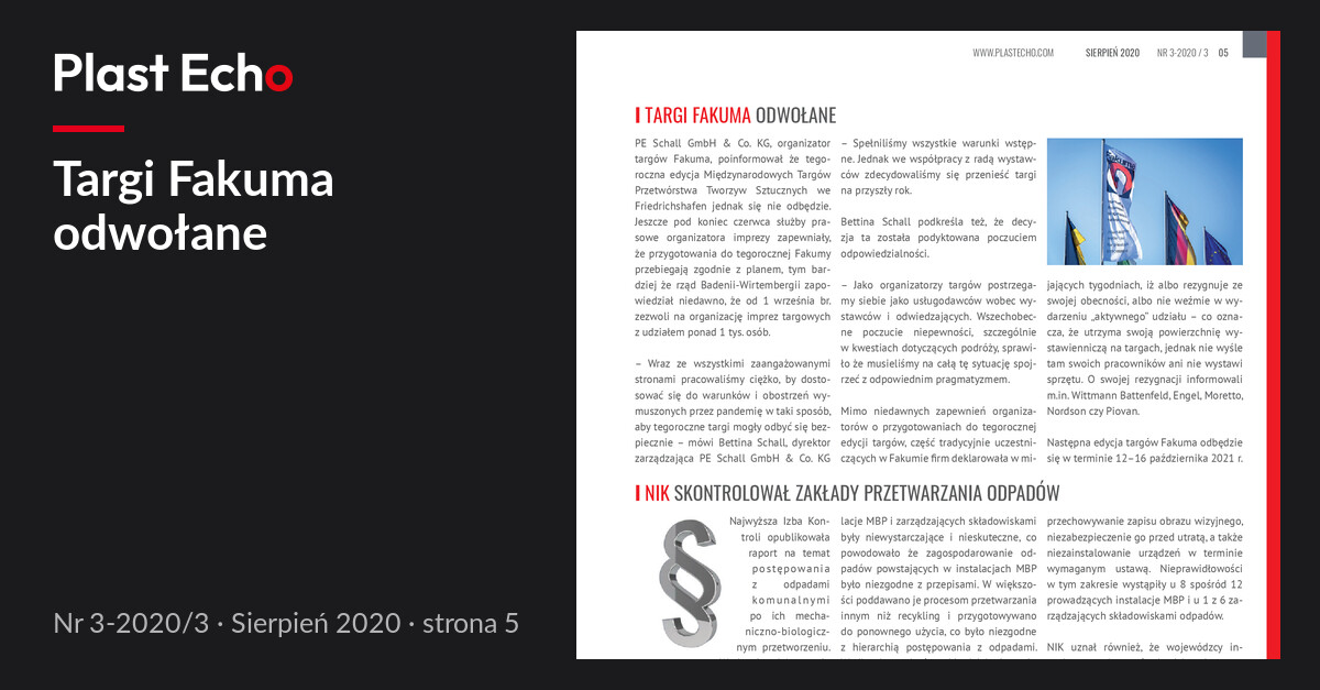 Targi Fakuma odwołane | Plast Echo 3-2020/3, Sierpień 2020, s. 5