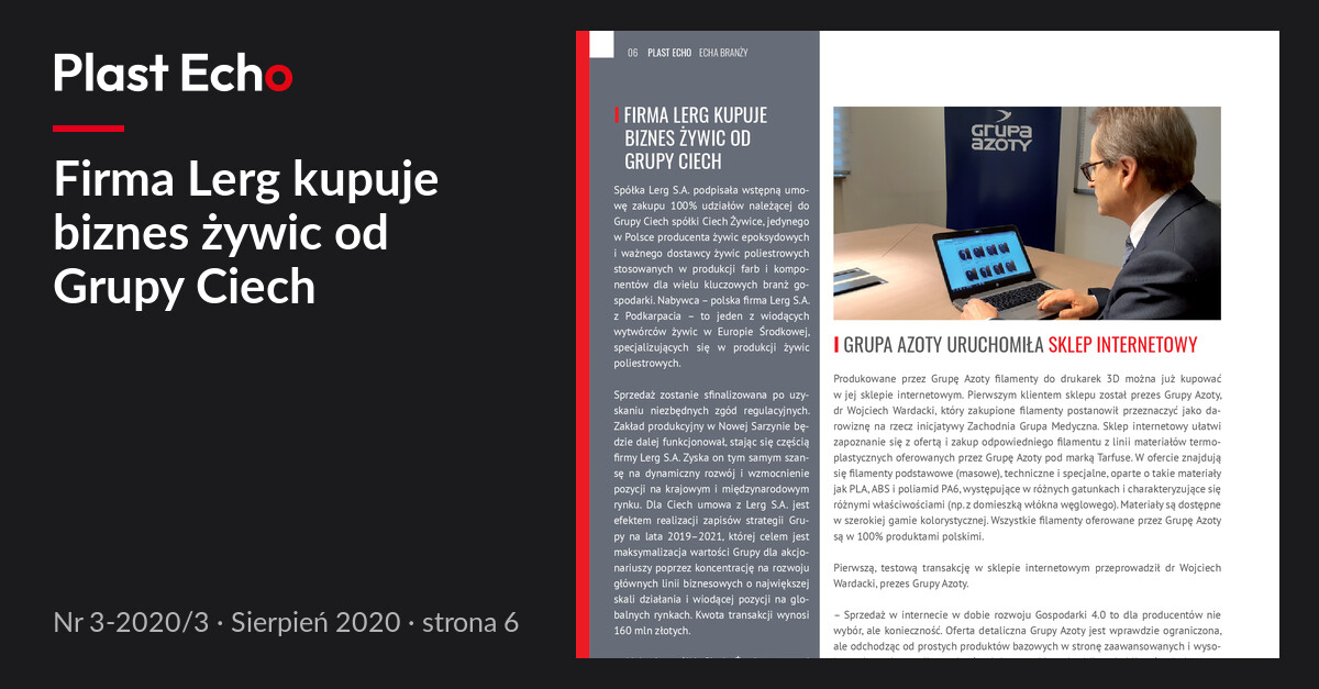 Firma Lerg kupuje biznes żywic od Grupy Ciech | Plast Echo 3-2020/3, Sierpień 2020, s. 6